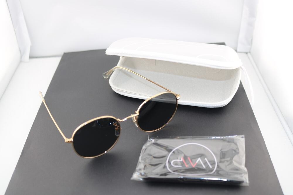 WearMe Pro Retro Round Sunglasses Gold Metal Wire Frame Black Lens with Case